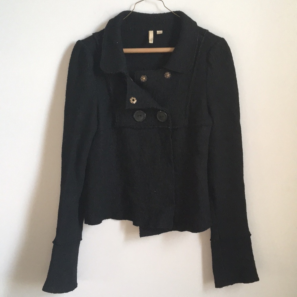 Anthropologie | Wool Blend Frenchi Frayed Snap Button Black Blazer